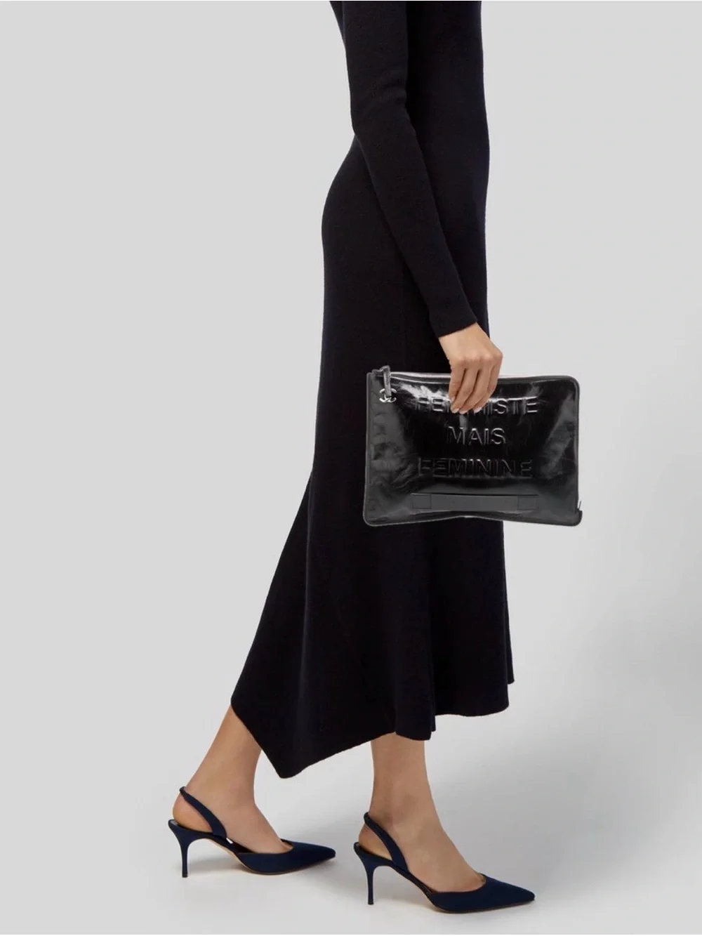CLEAN. CHANEL Black Leather 'Feministe Mais Feminine' Zip Clutch & COA